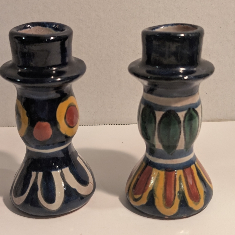 2 Talavera Candlestick Holders Bright Designs & Florals. Made in Mexico.